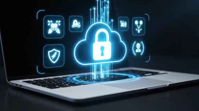 User securing cloud data with AI on a holographic interface. Cloud computing and cybersecurity concept.