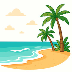 Tropical Beach Paradise Vector Illustration of Palm Trees and Ocean Waves