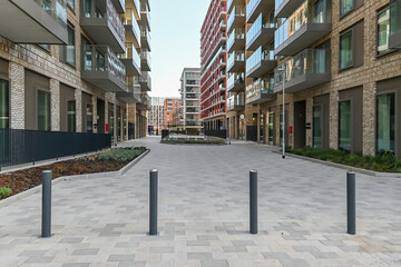  Modern housing complex features sustainable design green spaces. Residential buildings with balconies with urban landscape,  London, United Kingdom, 8 March 2025