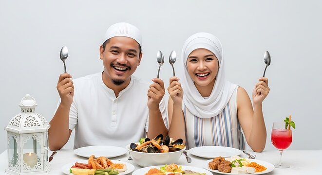 Smiling Muslim Couple Enjoying Delicious Iftar Feast During Ramadan