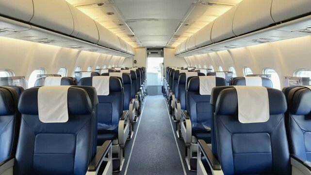 The interior of an empty airplane cabin focus on seats and windows - Clean and orderly - Showing sunlight streaming through the windows, creating geometric patterns on the floor
