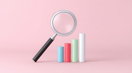 Magnifying glass over colorful bar graphs on a pink background, symbolizing analysis and growth.