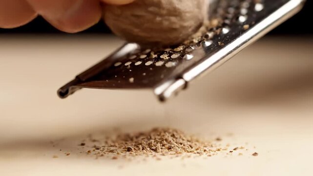 Extreme Close-Up of Fresh Nutmeg Being Grated