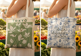Realistic Canvas Tote Bag Mockup at Farmer's Market