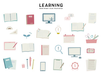学習　教育　学び　学校　勉強　手描き風　イラスト　セット　学業　成長　ノート　タブレット　文房具