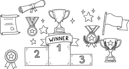 Hand-drawn award illustration, winner podium, trophy cup, medals, certificate scrolls, ribbon badge, celebration elements, achievement vector, black sketch design © Momotaj Contributor