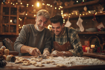 Father and adult son baking Christmas cookies together in cozy festive kitchen