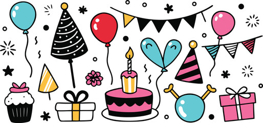 Festive birthday party elements with balloons cake gifts and party hats for celebration background