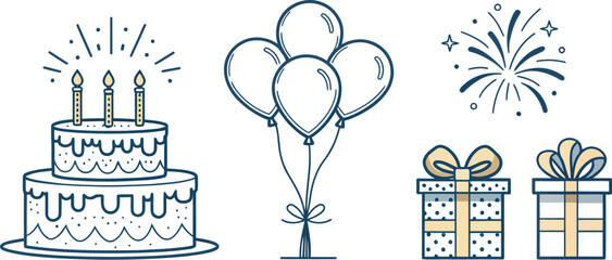 Birthday celebration with cake balloons presents and fireworks for a festive party invitation design