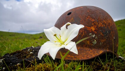 Rusty Helmet with White Lily on Grassy Field with Cloudy Sky
