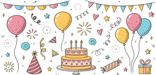 Colorful birthday party illustration with cake balloons streamers and confetti for festive celebrations