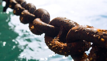 Rusty Metal Chain Close Up with Water Background
