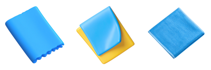 Three Blue And Yellow Fabric Cleaning Cloths Isolated On Transparent Background Showing Different Textures And Designs