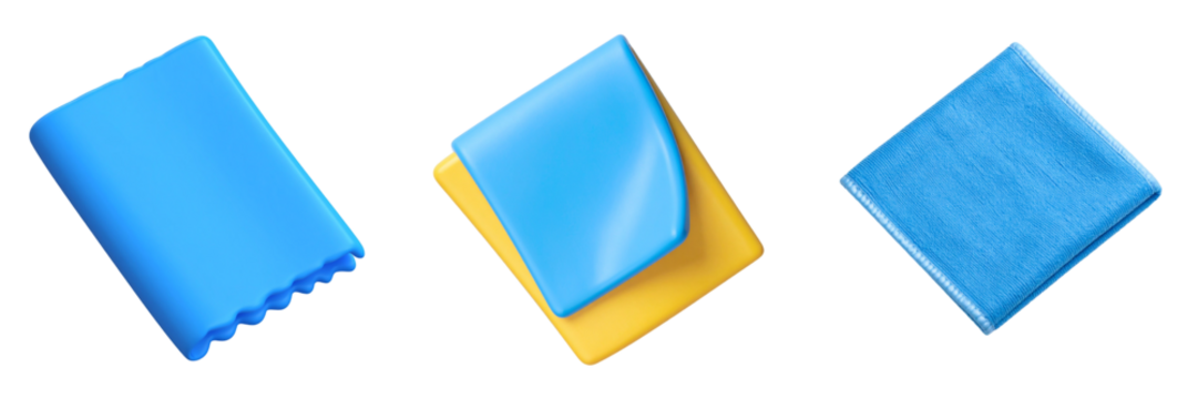 Three Blue And Yellow Fabric Cleaning Cloths Isolated On Transparent Background Showing Different Textures And Designs