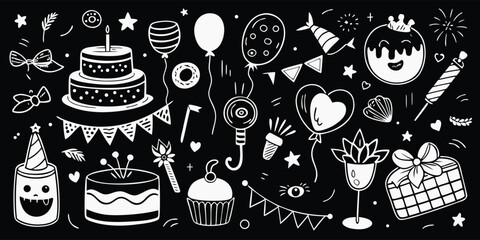Whimsical birthday party doodles with cakes balloons and gifts in a fun hand drawn style design