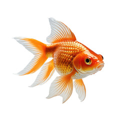 Fototapeta premium Vibrant orange goldfish with flowing fins, isolated on black background