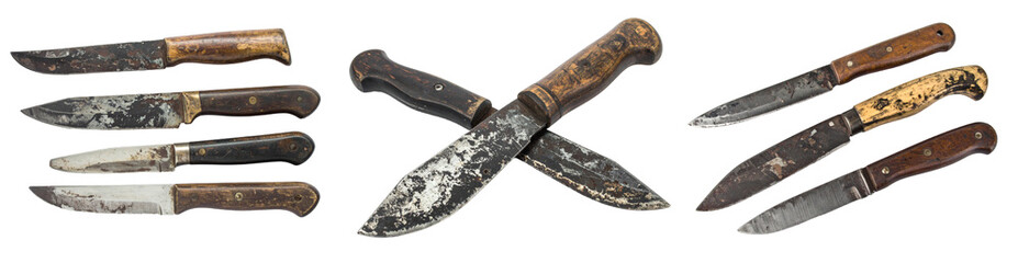 Collection Of Knives With Wooden Handles Against Transparent Background