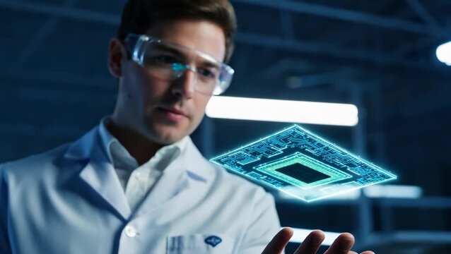 Innovative Scientist Analyzing Microchip Technology in Modern Laboratory Environment