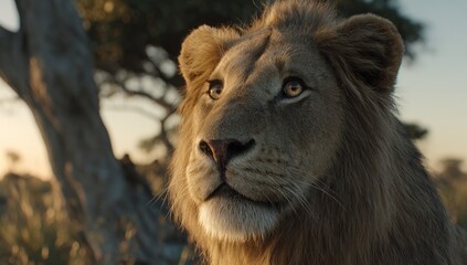 A majestic male lion gazing upwards with golden eyes, set against an African savanna backdrop