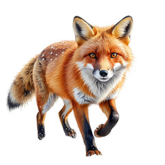 Vivid portrait of a red fox, eyes locked forward, furry, walking, clear details, white background