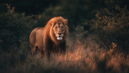 Majestic male lion stands in tall golden grass, backlit by warm sunlight