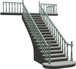 Split staircase cartoon, ornate railings, curved base, architectural design, vector illustration, interior structure, elegant steps, stylized building element, 3D perspective