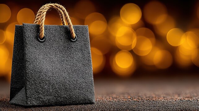 A stylish black gift bag with rustic rope handles stands on a dark surface against a warm and inviting background of glowing golden lights - Powered by Adobe
