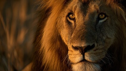 Close-up of a male lion, illuminated by warm sunlight, gazing with intense focus