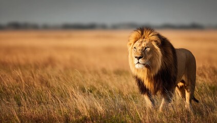 Majestic male lion gazes across open grassland with long, golden grass
