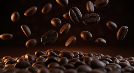 Obraz premium Roasted coffee beans fall and gather on a surface creating a dynamic composition, highlighted with selective focus.