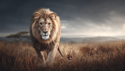 A majestic lion walks directly towards the viewer in tall dry grass, under a stormy sky