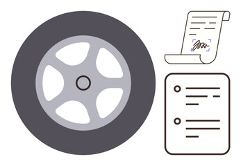 Tire, signed contract, and checklist document design illustrate automotive repair, maintenance, legal agreements, and service planning. Ideal for business, mechanics, legal compliance workflow