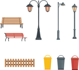 Urban park vector illustration with benches, street lamps, trash bins, wooden fence, outdoor furniture, public seating, city garden decoration elements for design