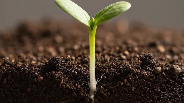 Close Up Shot of a Tiny Seedling Emerging from Dark Brown Soil Revealing First Two Green Leaves Under Bright Overhead Lighting Ideal for Stock Photography