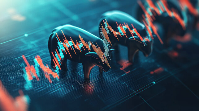 Three black bull figurines overlaid with a stock chart in red and blue hues