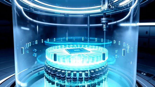 Advanced Quantum Computing Core with Luminous Circuits in High-Tech Environment