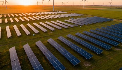 Obraz premium Wind turbines and solar panels farm in a field. Renewable green energy. Sunny landscape, electric energy generator for clean energy producing concept