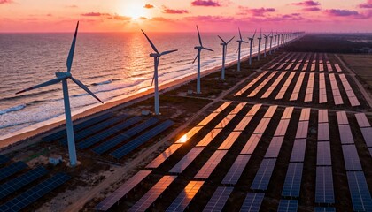Wind turbines and solar panels farm in a field. Renewable green energy. Sunny landscape, electric energy generator for clean energy producing concept