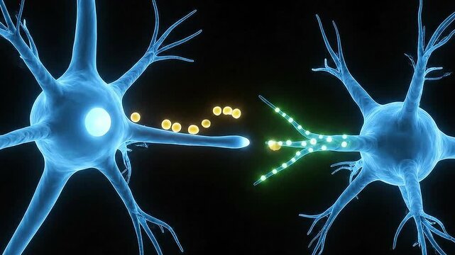 Glowing Blue Neurons Transmitting Signals with Yellow Neurotransmitters Against a Black Background Science Medical Illustration Concept Render