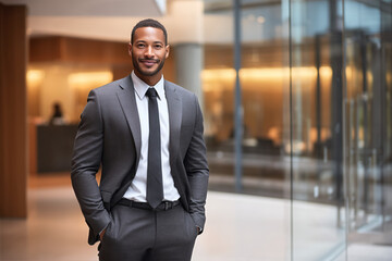 Confident businessman in a tailored gray suit standing inside a modern office lobby with warm lighting and a relaxed smile.