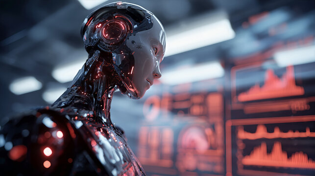 Sleek humanoid robot with a glossy surface observing futuristic data on red digital HUD screens in a tech lab. - Powered by Adobe