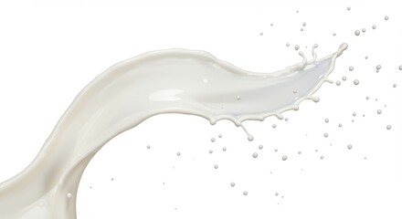 Dynamic illustration showcasing a fluid, white liquid mid-air splash against a pristine white background; the composition emphasizes motion and freshness with scattered droplets surrounding the...