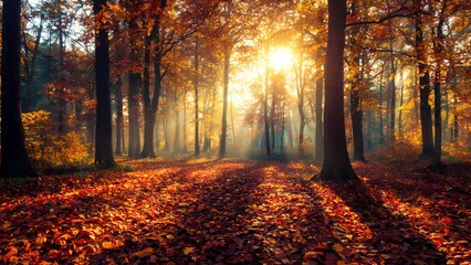 Breathtaking sunlight illuminating a misty, warm autumn forest path with rich orange and red leaves covering the ground.
