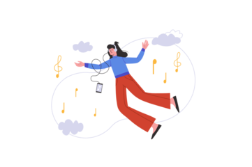 Cartoon Style Young Woman Listening Music Floating with Musical Notes on Transparent Background