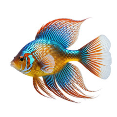 Fototapeta premium Vivid ornamental fish with vibrant blue, orange, & white fins against black