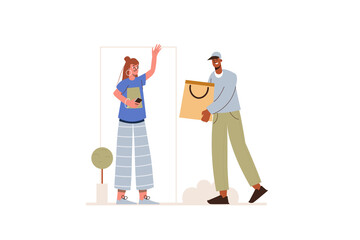 Courier Delivery to Woman at Door with Brown Package and Cap in Transparent Background