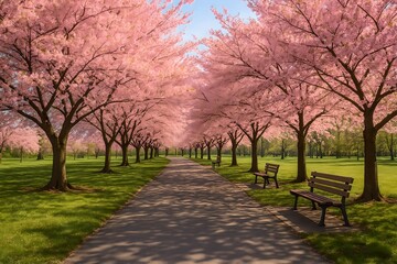 Ai Generated :Cherry Blossom Pathway in Full Bloom Creating a Serene Springtime Tunnel