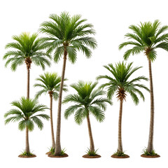 Group of tropical palm trees, lush green fronds, brown trunks, isolated