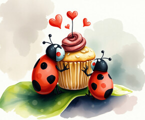 Fototapeta premium Two adorable ladybugs celebrate with a cupcake topped with frosting and hearts in a whimsical garden scene