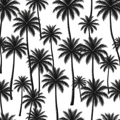 Monochrome tropical palm tree repeat pattern on black background